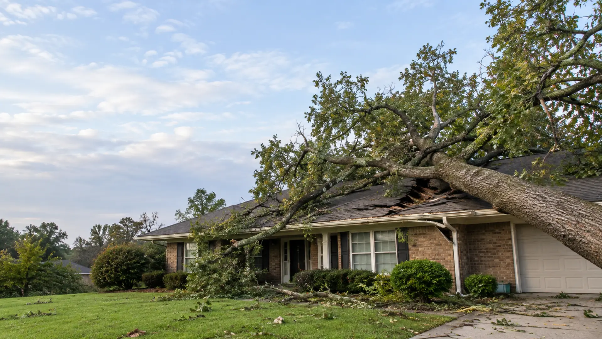 Tree removal insurance claim scenario — storm-fallen tree on a house roof in Rome, GA