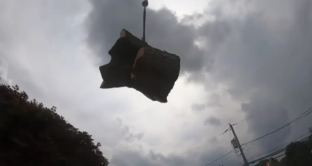Crane lifting a cut log section into a stormy sky beside a utility pole