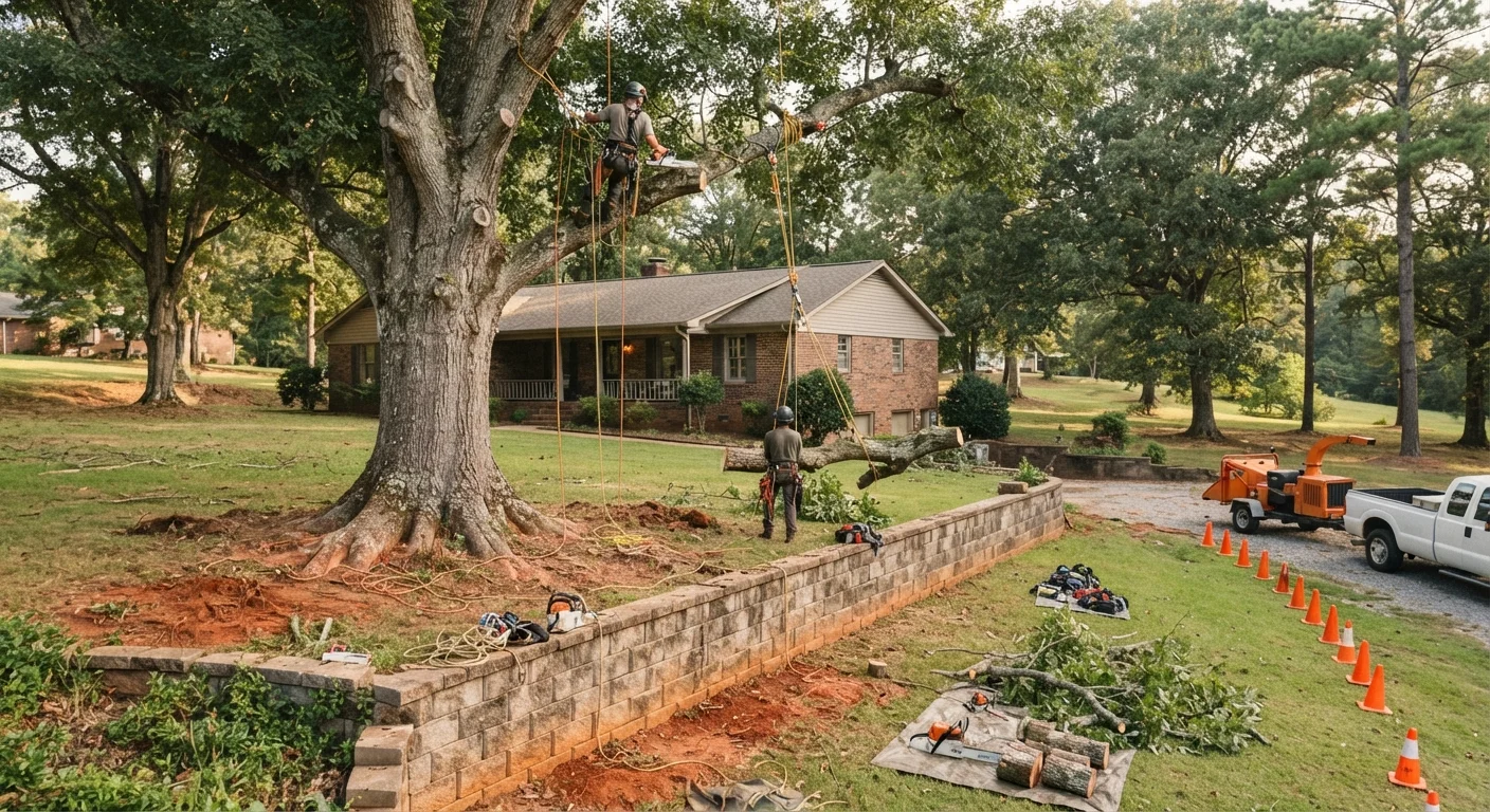 Mature tree with exposed roots beside a stone retaining wall