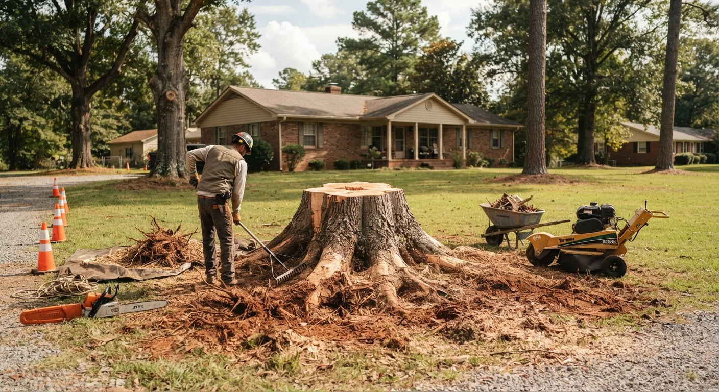 Tree worker in safety gear beside a large cut stump, the kind of job that is unsafe for DIY tree removal