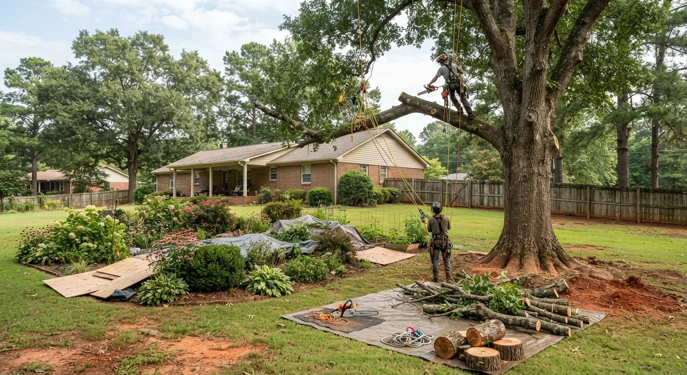 Tree crew finishing yard cleanup beside a brick ranch home in Floyd County, Georgia