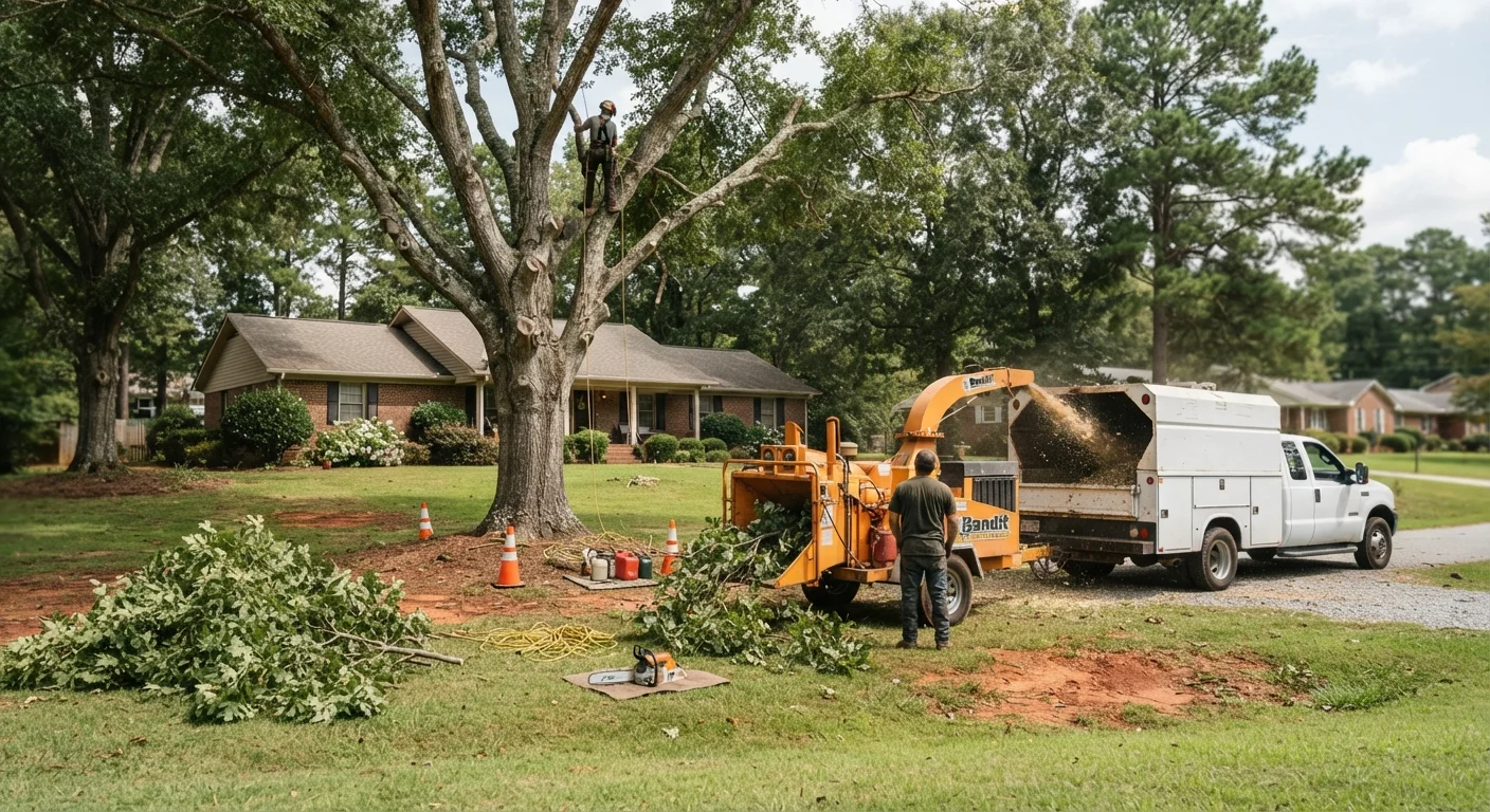 Brush and limbs chipped into mulch, the same cleanup used in hunting trail clearing in Rome, GA