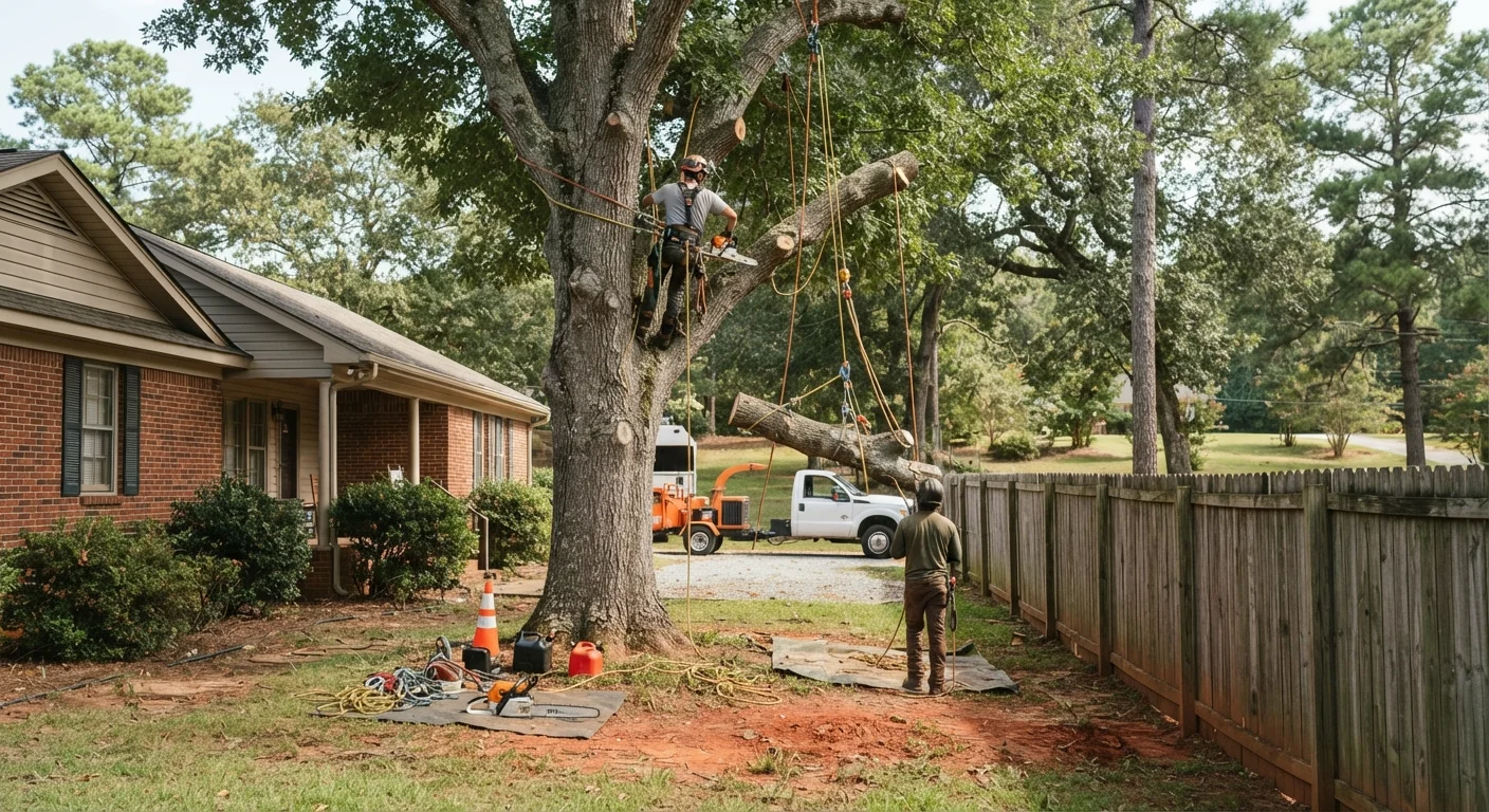 Tree on a backyard property line fence between neighbors being worked by a climber