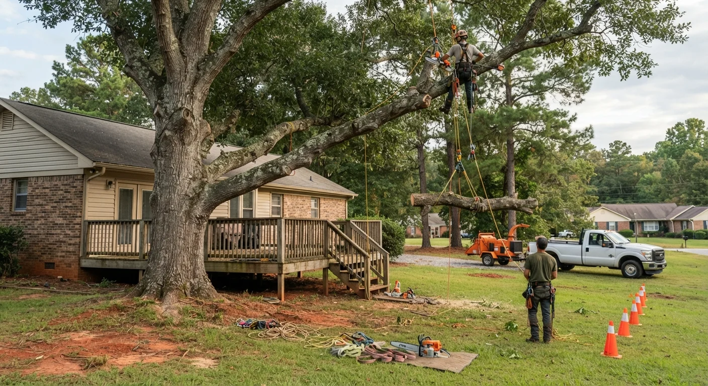 Large tree beside the deck and roofline of a brick home