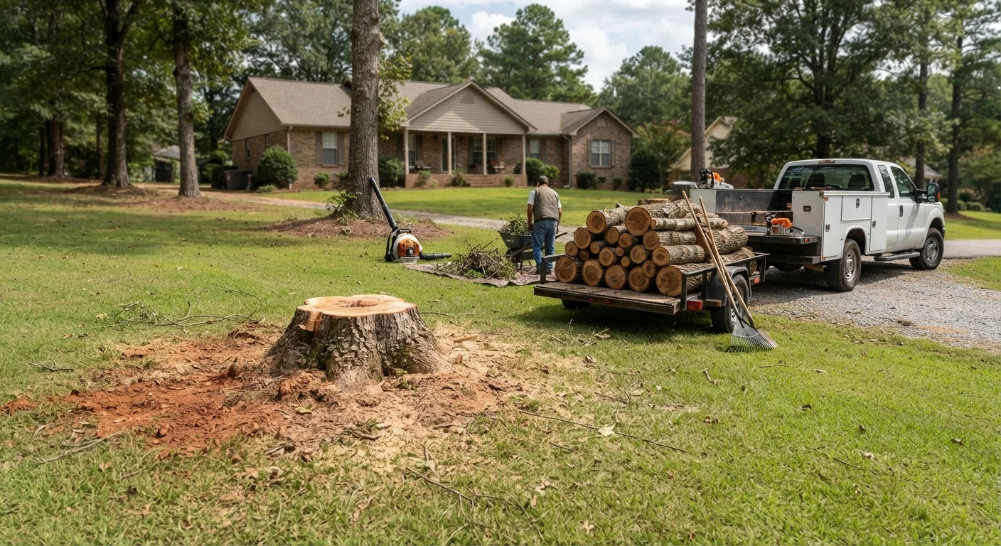 Freshly cut tree stump in a front yard with cut logs loaded on a trailer