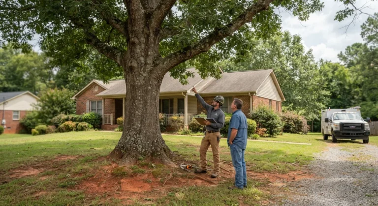Arborist talking with a homeowner beside a large oak tree before work begins