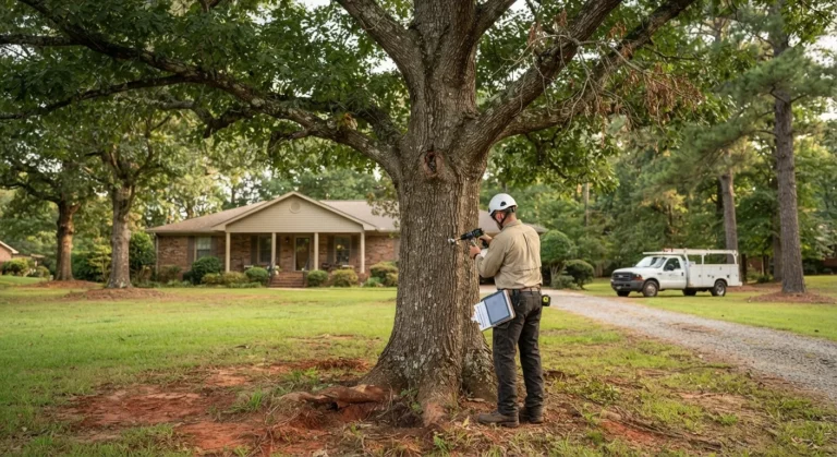 Arborist with a clipboard inspecting the trunk of a large oak tree in a front yard