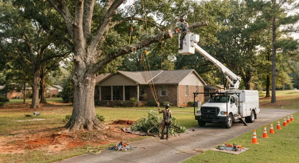 Storm tree preparation: bucket truck lifting a worker to prune a large tree beside a ranch-style home