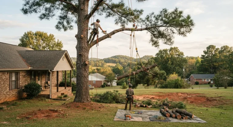 Climber high in a tall tree using rigging during a large tree removal