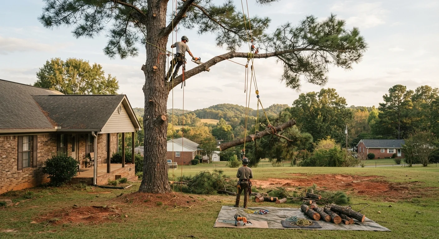 Climber high in a tall tree using rigging during a large tree removal