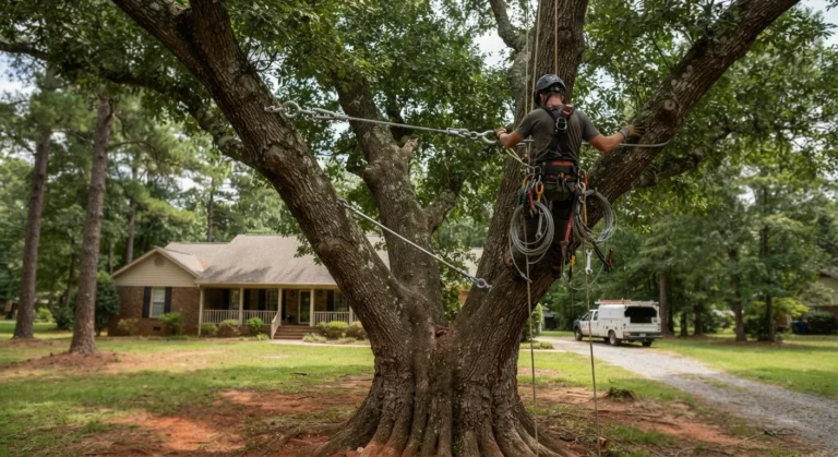 Tree climber working among the main limbs of a large mature oak tree