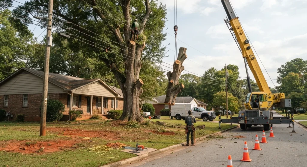 Tree falls on your house: crane lifting a large trunk section away from a home during tree removal