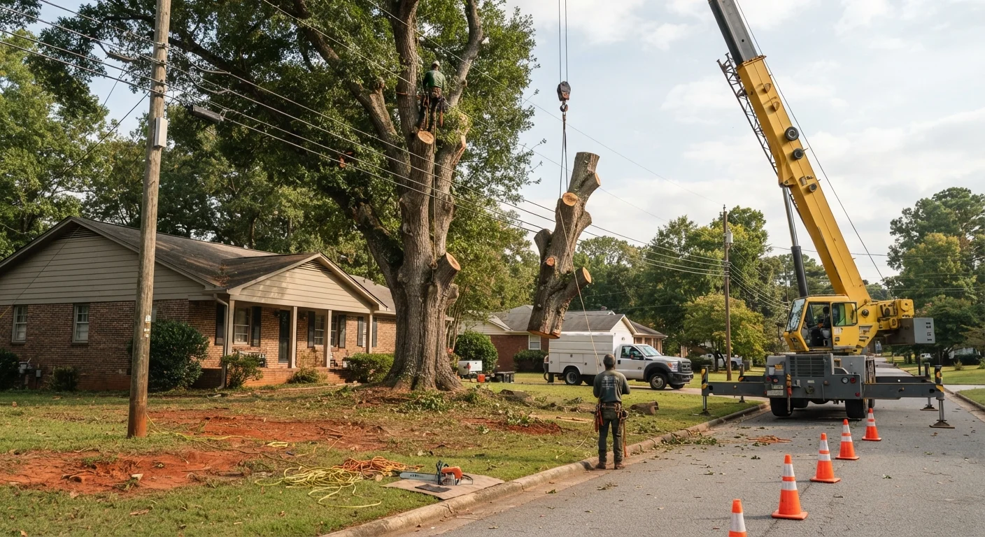 Crane lifting a trunk section away from a home, a key part of crane tree removal cost