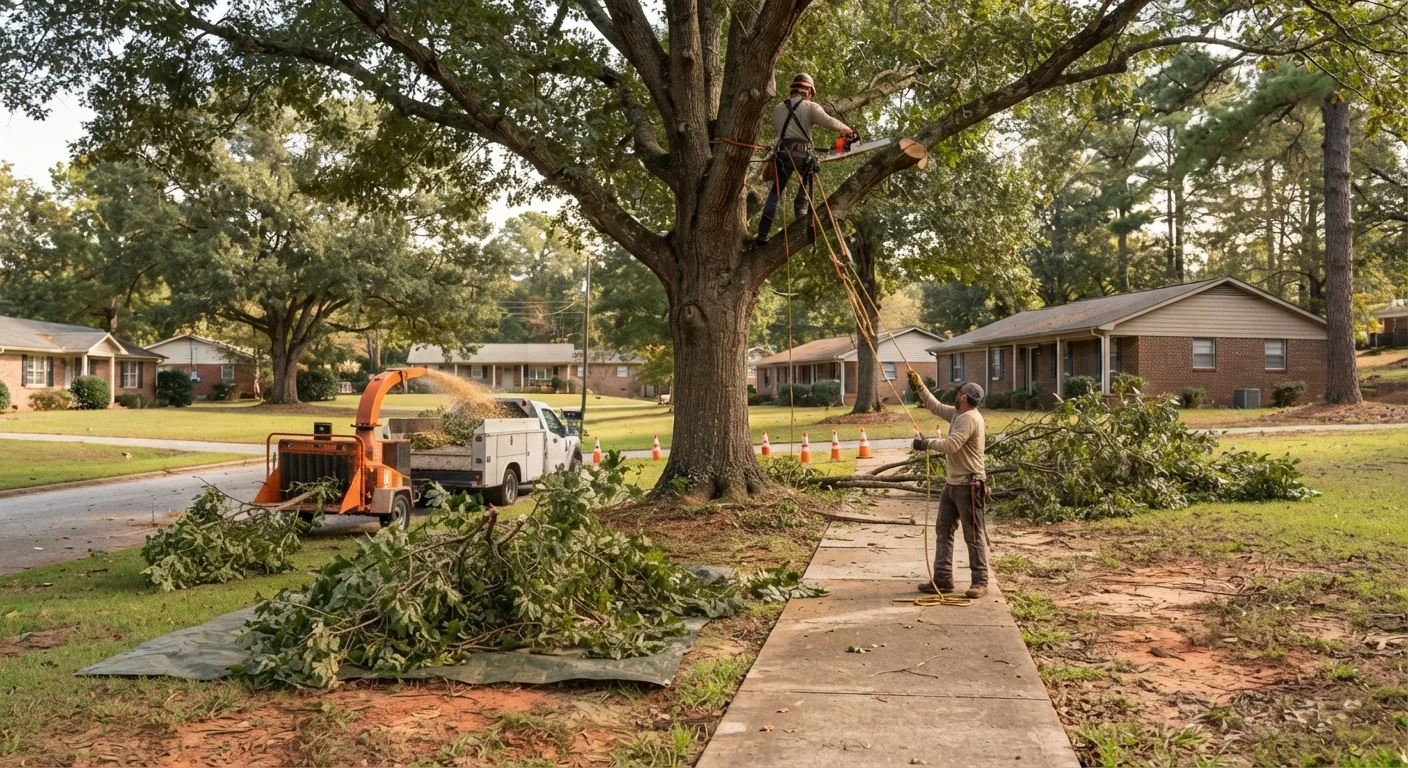 Brush clearing in Rome, GA: crew chipping cut brush and branches on a residential lot