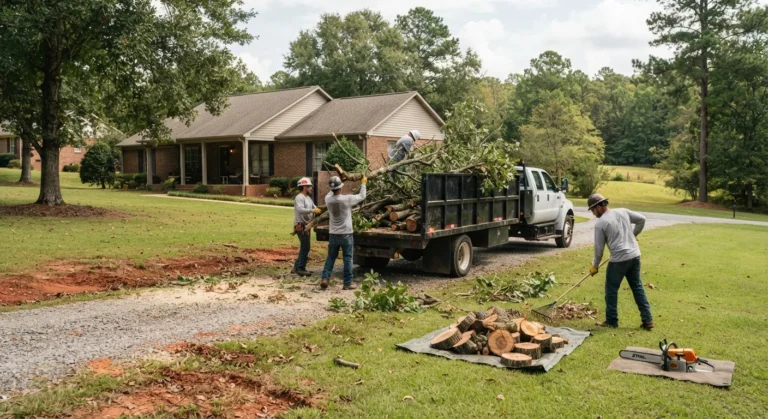 Workers loading cut branches and logs into a dump truck during debris cleanup