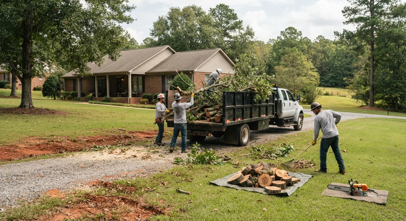 Workers loading cut branches and logs into a dump truck during debris cleanup