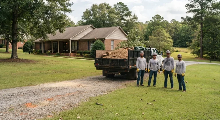 Tree crew standing beside a dump truck loaded with cut logs after a removal