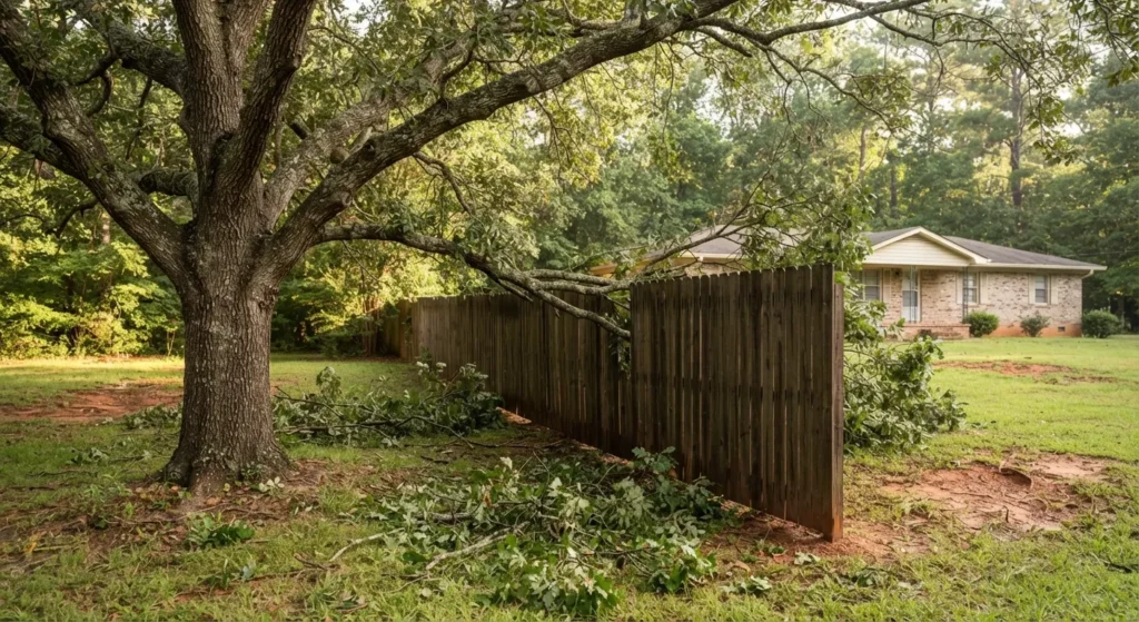 Large tree limb fallen onto a wooden privacy fence between two yards