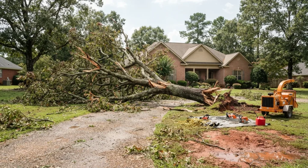 Fallen tree lying across a home driveway after a storm