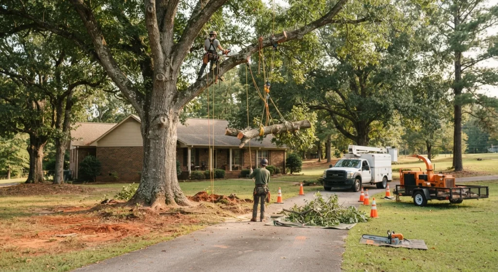 Arborist beside a large oak tree at a driveway with work trucks and cleared debris