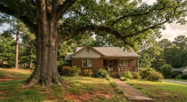 Large mature oak tree growing close to a brick home and its front walkway