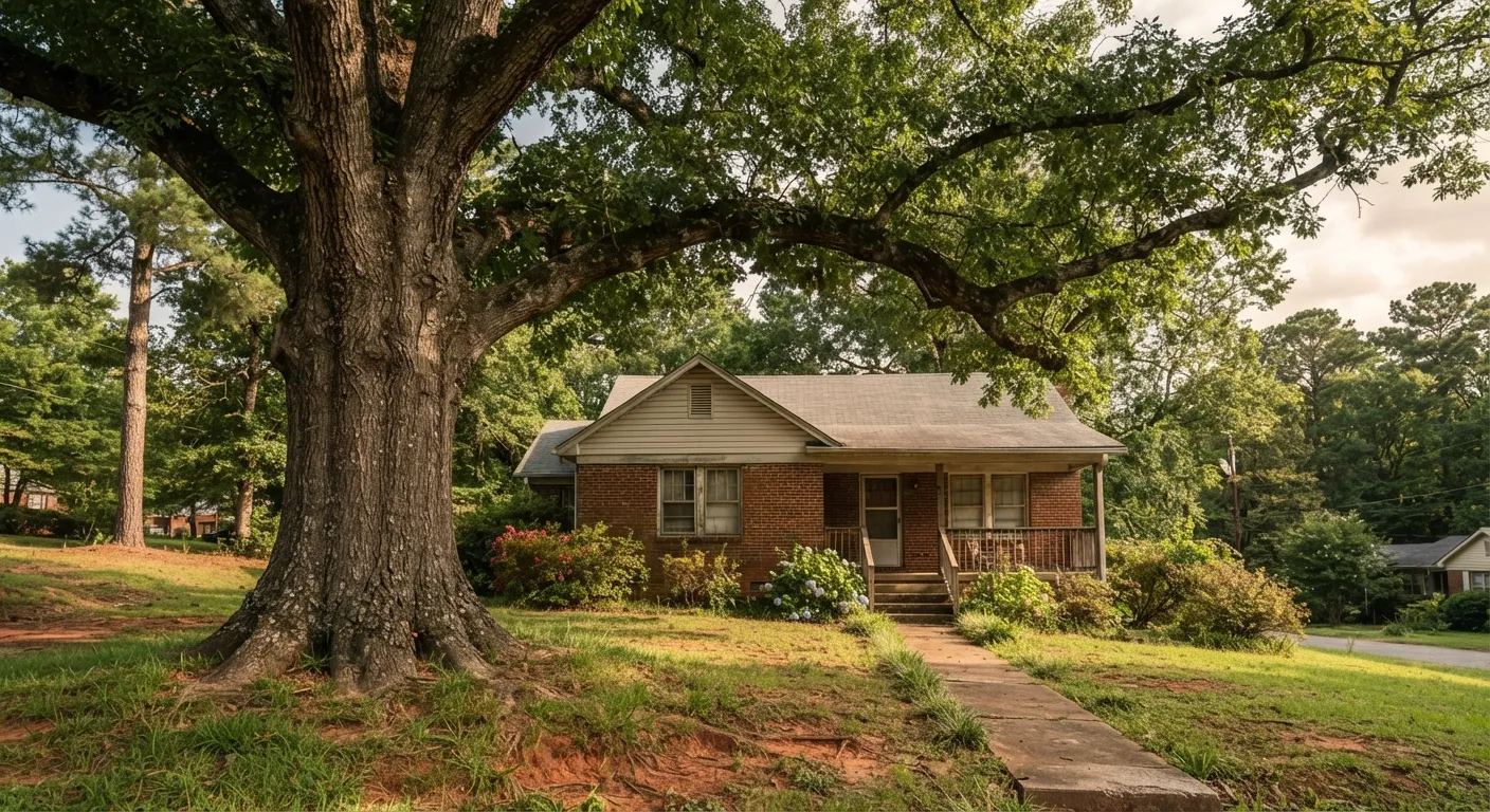 Large mature oak tree growing close to a brick home and its front walkway