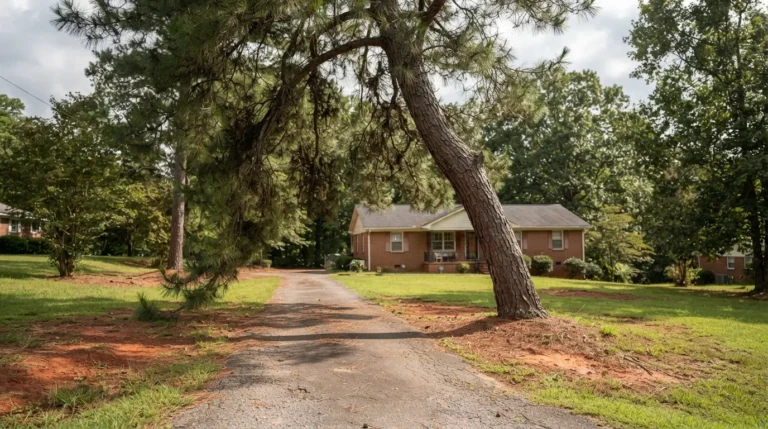 Large tree leaning over a residential driveway