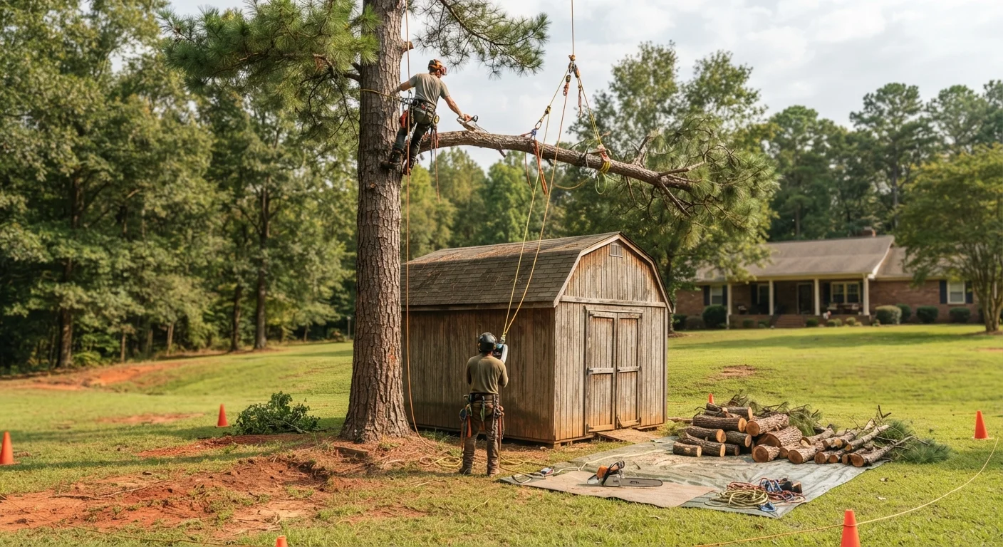Large tree limb being lowered by rope next to a backyard shed