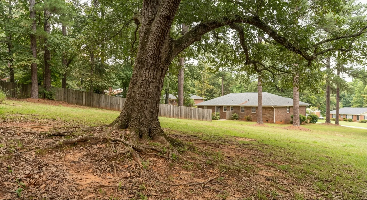 Mature tree trunk with a wide root flare at the base, beside a lawn and fence