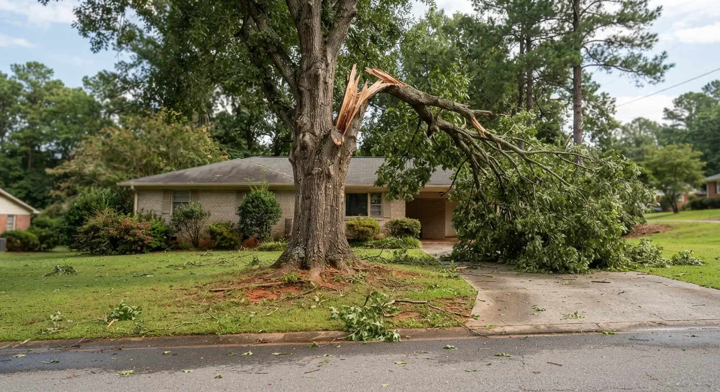 Large tree with a split, codominant trunk next to a home driveway