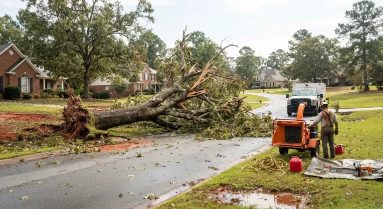 Storm-felled tree lying across a wet road with a cleanup crew and chipper nearby