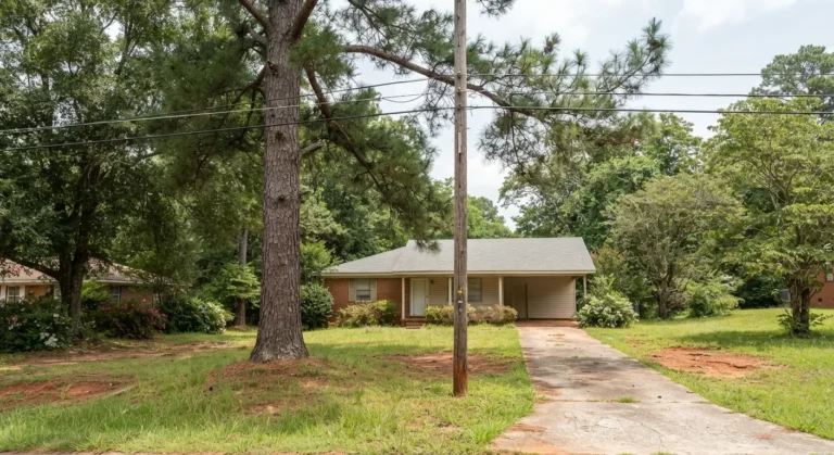 Tall tree growing beside a utility pole and overhead lines near a driveway