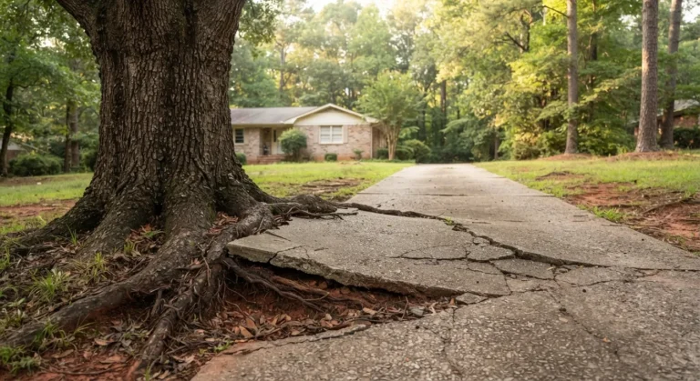 Thick tree roots cracking and lifting a concrete driveway