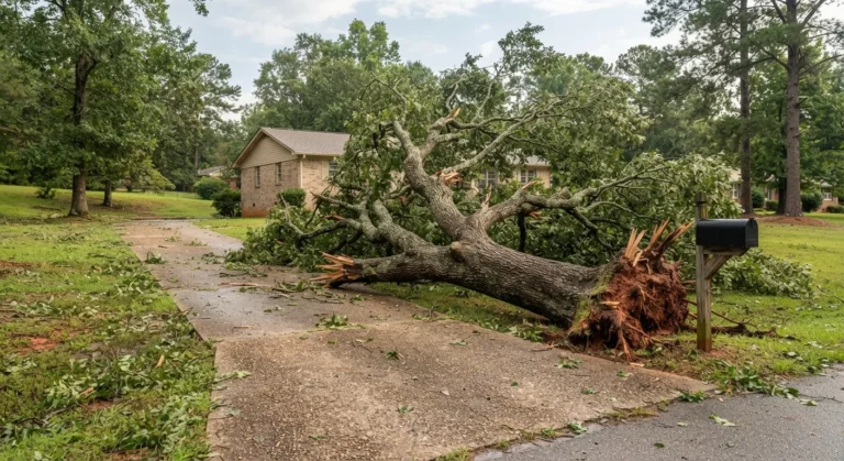 Uprooted tree with its root plate exposed next to a driveway after a storm