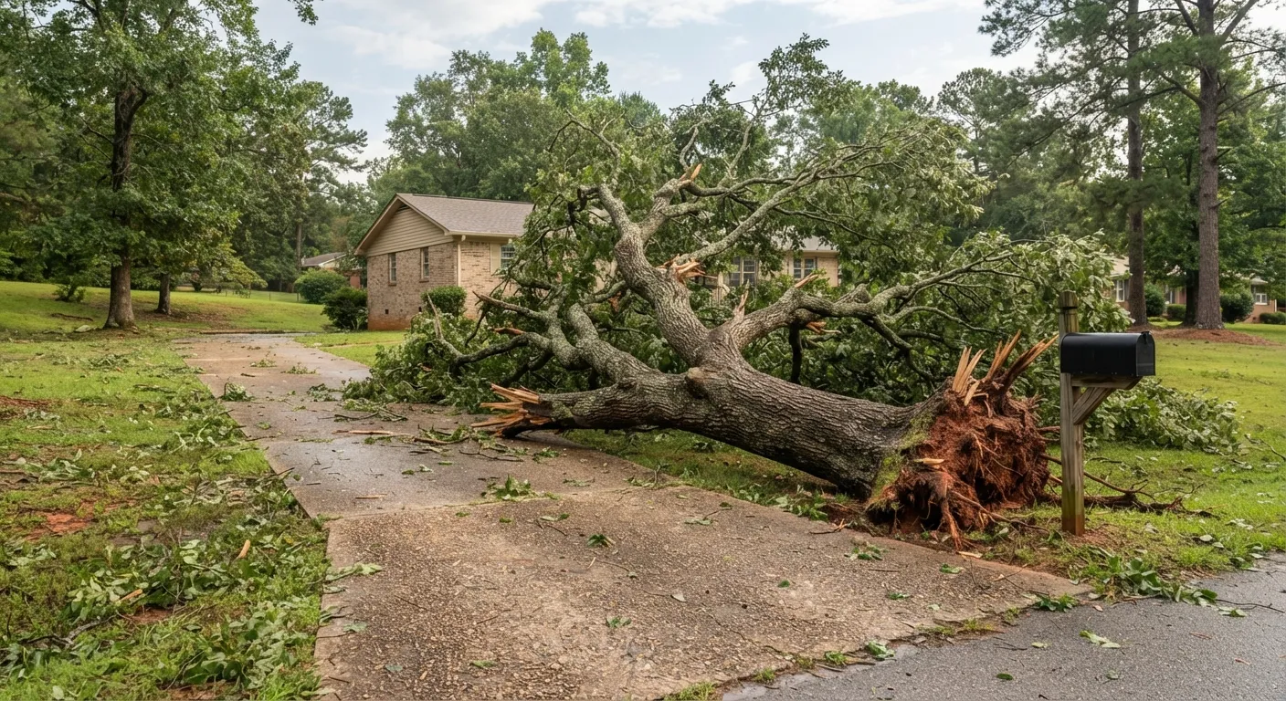 Uprooted tree with its root plate exposed next to a driveway after a storm